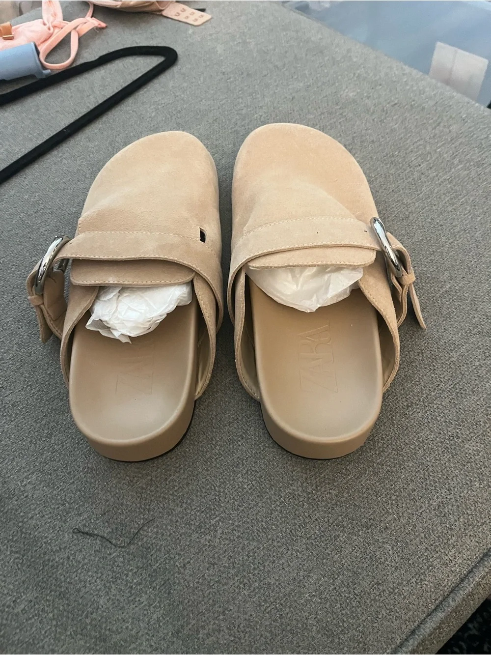ZARA NWOT Beige Suede Slip-On Clogs with Buckle Strap - Picture 3 of 5